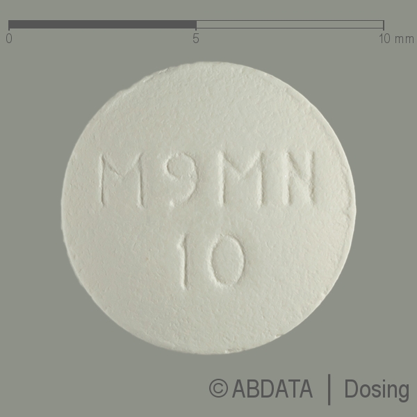 Produktabbildungen für MEMANTINHYDROCHLORID beta 10 mg Filmtabletten in der Vorder-, Hinter- und Seitenansicht.