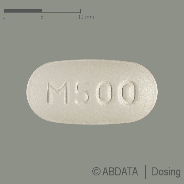 Produktabbildungen für MYFENAX 500 mg Filmtabletten in der Vorder-, Hinter- und Seitenansicht.
