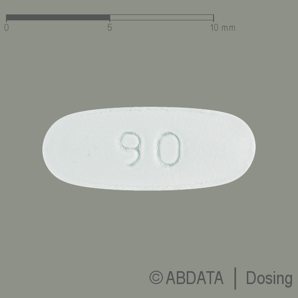 Produktabbildungen für DEFERASIROX AbZ 90 mg Filmtabletten in der Vorder-, Hinter- und Seitenansicht.