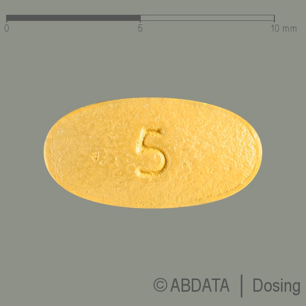 Produktabbildungen für TADAHEXAL 5 mg Filmtabletten in der Vorder-, Hinter- und Seitenansicht.