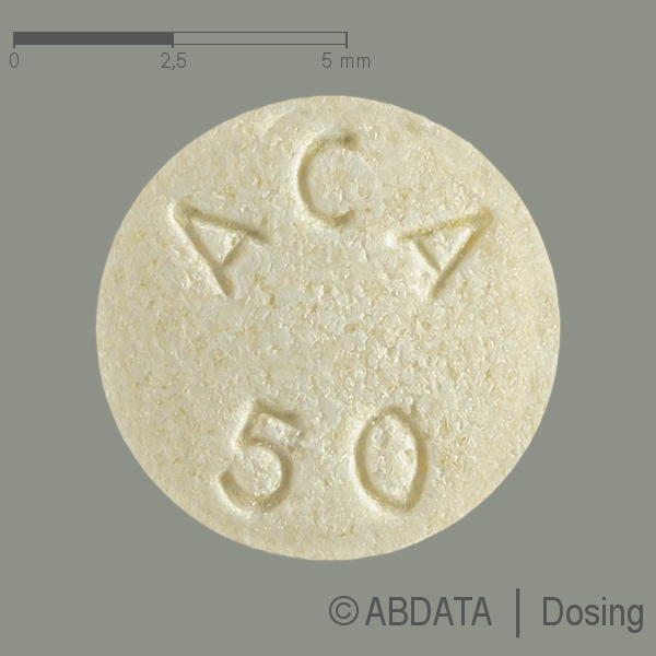 Produktabbildungen für ACARBOSE GeneVida 50 mg Tabletten in der Vorder-, Hinter- und Seitenansicht.