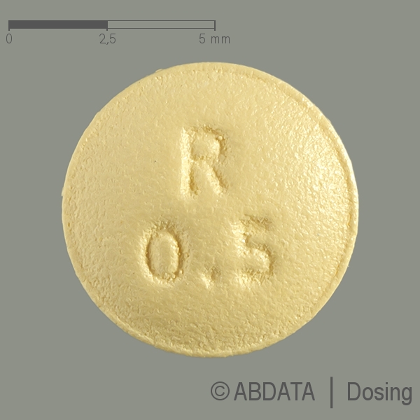 Produktabbildungen für ROPINIROL AbZ 0,5 mg Filmtabletten in der Vorder-, Hinter- und Seitenansicht.
