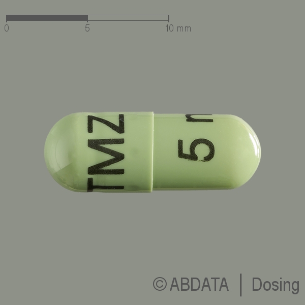 Produktabbildungen für TEMOZOLOMID Ribosepharm 5 mg Hartkapseln in der Vorder-, Hinter- und Seitenansicht.
