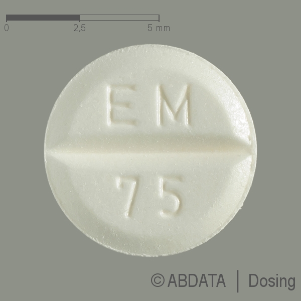 Produktabbildungen für EUTHYROX 75 Mikrogramm Tabletten in der Vorder-, Hinter- und Seitenansicht.