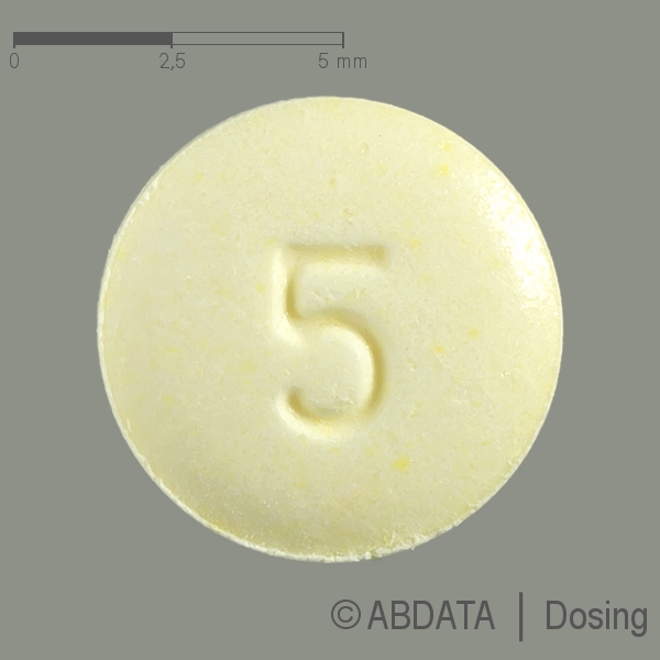 Produktabbildungen für OLANZAPIN AbZ 5 mg Tabletten in der Vorder-, Hinter- und Seitenansicht.