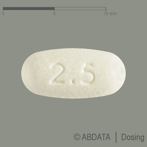 Produktabbildungen für EVEROLIMUS Zentiva 2,5 mg Tabletten in der Vorder-, Hinter- und Seitenansicht.