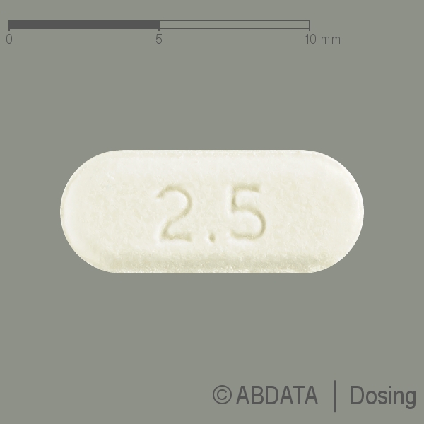 Produktabbildungen für EVEROLIMUS-ratiopharm 2,5 mg Tabletten in der Vorder-, Hinter- und Seitenansicht.