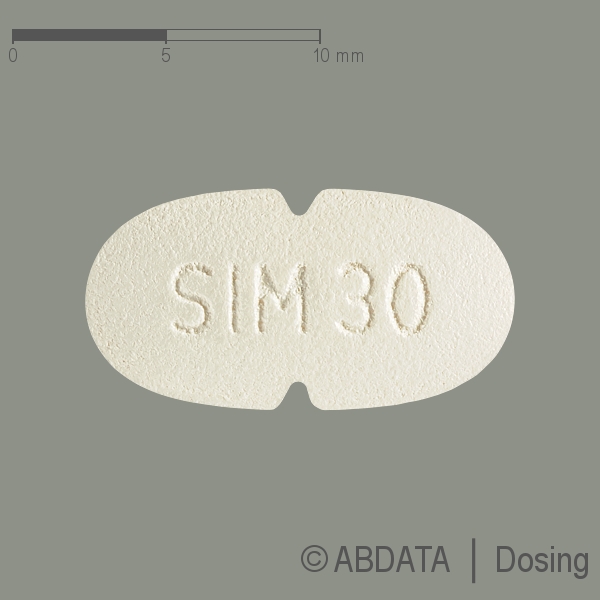 Produktabbildungen für SIMVAHEXAL 30 mg Filmtabletten in der Vorder-, Hinter- und Seitenansicht.