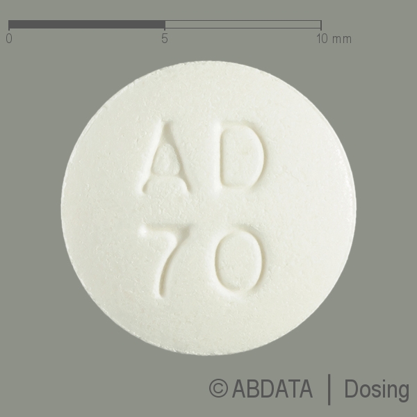 Produktabbildungen für ALENDRONSÄURE dura 70 mg Tabletten in der Vorder-, Hinter- und Seitenansicht.