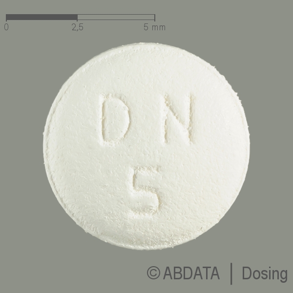 Produktabbildungen für DONEPEZIL-HCL AbZ 5 mg Filmtabletten in der Vorder-, Hinter- und Seitenansicht.
