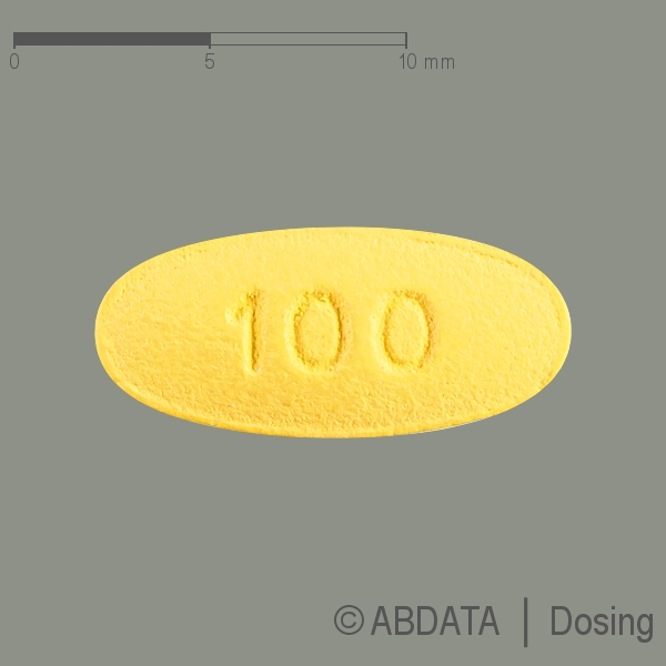 Produktabbildungen für LACOSAMID-ratiopharm 100 mg Filmtabletten in der Vorder-, Hinter- und Seitenansicht.