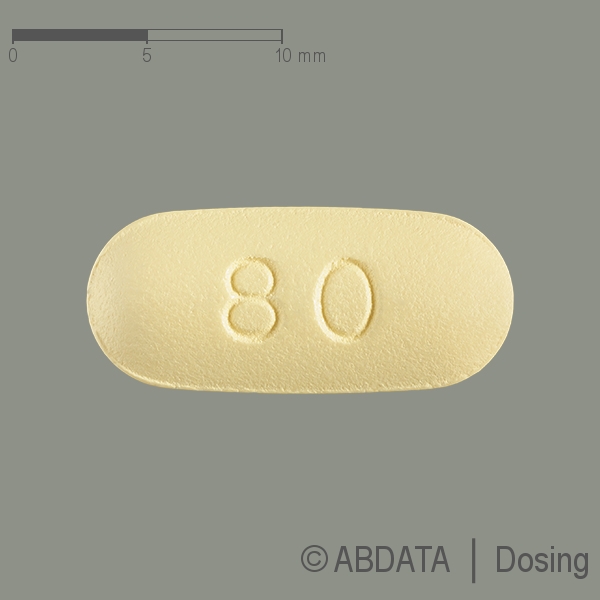 Produktabbildungen für FEBUXOSTAT AbZ 80 mg Filmtabletten in der Vorder-, Hinter- und Seitenansicht.