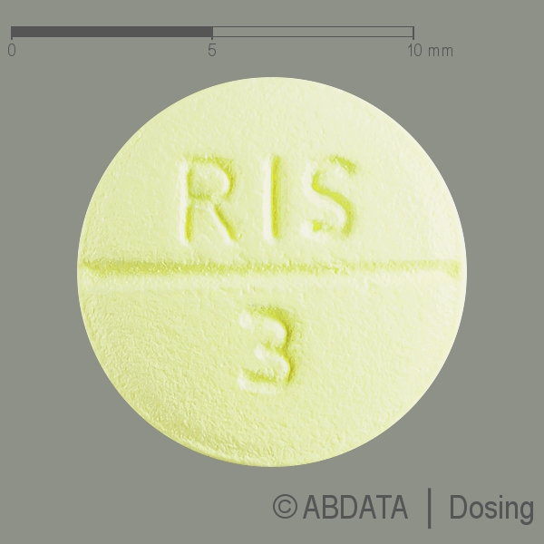 Produktabbildungen für RISPERIDON AbZ 3 mg Filmtabletten in der Vorder-, Hinter- und Seitenansicht.