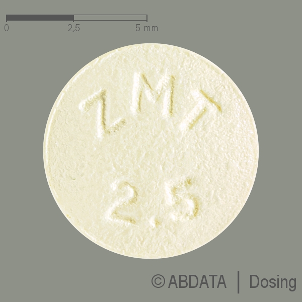Produktabbildungen für ZOLMITRIPTAN HEXAL 2,5 mg Filmtabletten in der Vorder-, Hinter- und Seitenansicht.