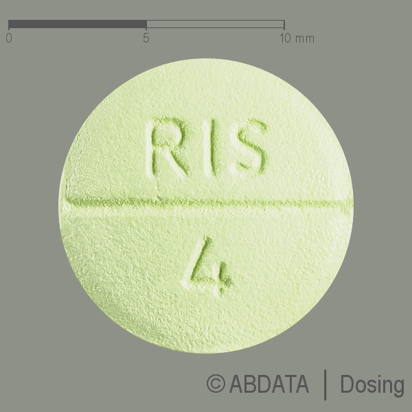 Produktabbildungen für RISPERIDON AbZ 4 mg Filmtabletten in der Vorder-, Hinter- und Seitenansicht.