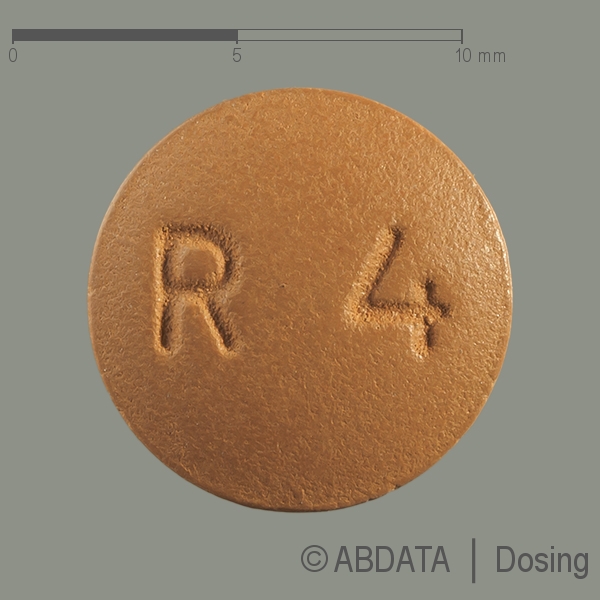 Produktabbildungen für ROPINIROL-ratiopharm 4 mg Filmtabletten in der Vorder-, Hinter- und Seitenansicht.