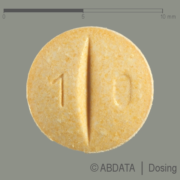 Produktabbildungen für BISOPROLOL AbZ 10 mg Tabletten in der Vorder-, Hinter- und Seitenansicht.