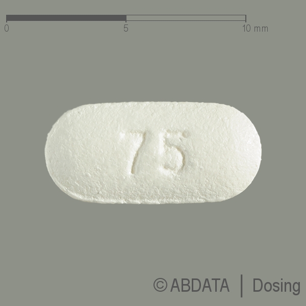 Produktabbildungen für PREZISTA 75 mg Filmtabletten in der Vorder-, Hinter- und Seitenansicht.