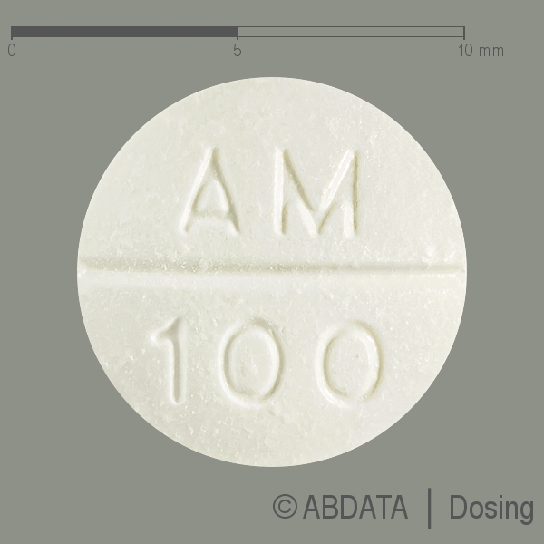 Produktabbildungen für AMIODARON-ratiopharm 100 mg Tabletten in der Vorder-, Hinter- und Seitenansicht.