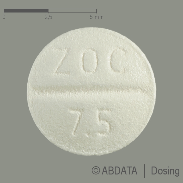Produktabbildungen für ZOPICLON AbZ 7,5 mg Filmtabletten in der Vorder-, Hinter- und Seitenansicht.