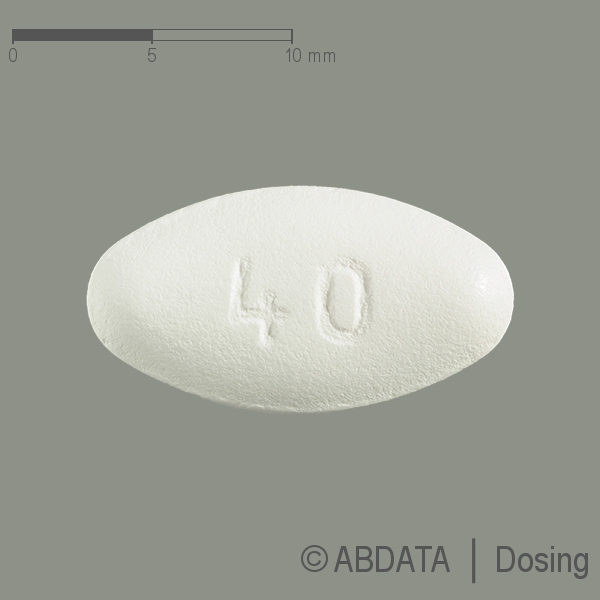 Produktabbildungen für ATORVASTATIN AbZ 40 mg Filmtabletten in der Vorder-, Hinter- und Seitenansicht.