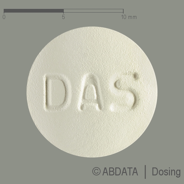 Produktabbildungen für DASATINIB-ratiopharm 140 mg Filmtabletten in der Vorder-, Hinter- und Seitenansicht.