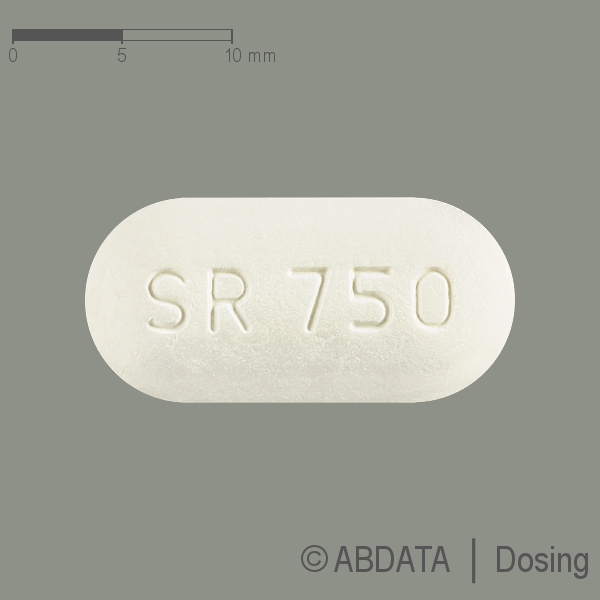 Produktabbildungen für SIOFOR XR 750 mg Retardtabletten in der Vorder-, Hinter- und Seitenansicht.
