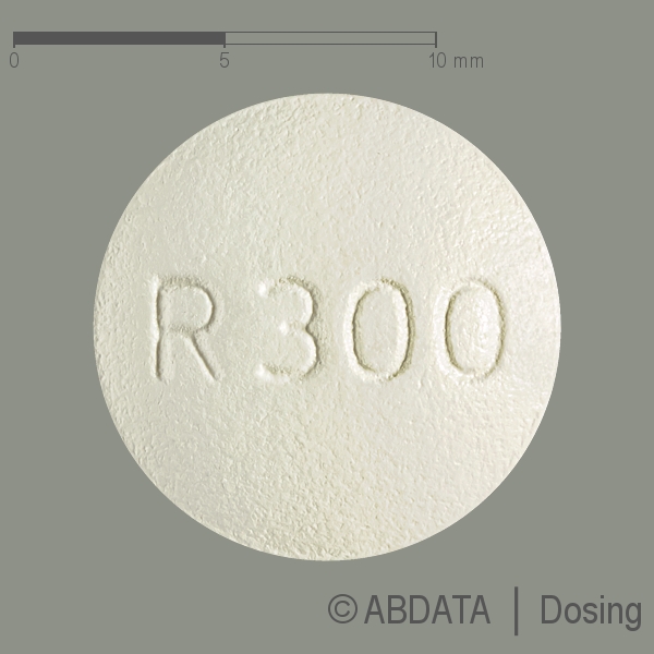 Produktabbildungen für ROXI 300-1A Pharma Filmtabletten in der Vorder-, Hinter- und Seitenansicht.