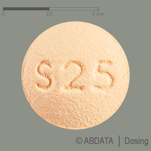 Produktabbildungen für SITAGLIPTIN-ratiopharm 25 mg Filmtabletten in der Vorder-, Hinter- und Seitenansicht.