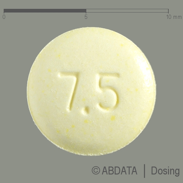 Produktabbildungen für OLANZAPIN-ratiopharm 7,5 mg Tabletten in der Vorder-, Hinter- und Seitenansicht.