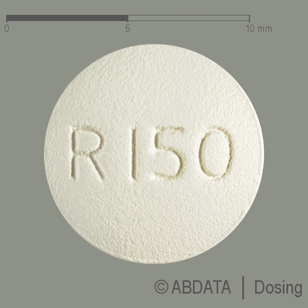 Produktabbildungen für ROXI 150-1A Pharma Filmtabletten in der Vorder-, Hinter- und Seitenansicht.
