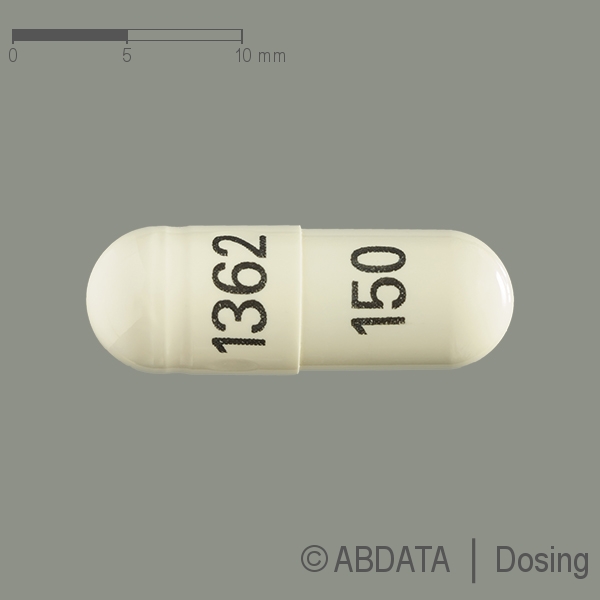 Produktabbildungen für PREGABIN 150 mg Hartkapseln in der Vorder-, Hinter- und Seitenansicht.