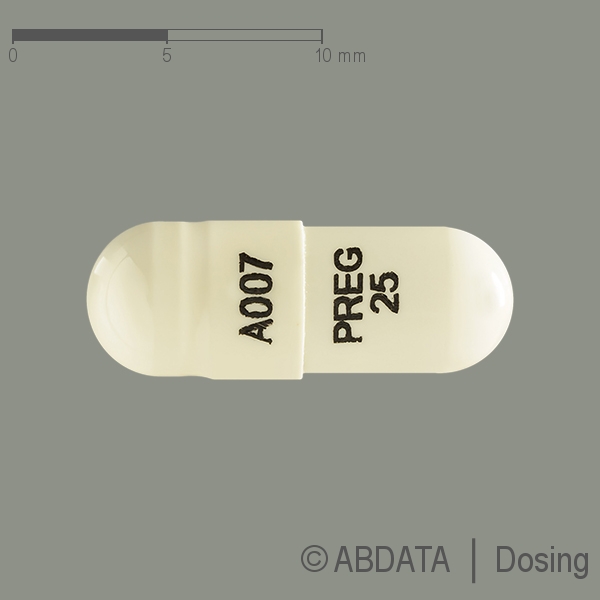 Produktabbildungen für PREGABALIN Ascend 25 mg Hartkapseln in der Vorder-, Hinter- und Seitenansicht.
