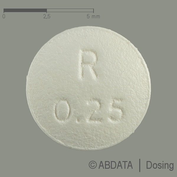 Produktabbildungen für ROPINIROL-ratiopharm 0,25 mg Filmtabletten in der Vorder-, Hinter- und Seitenansicht.