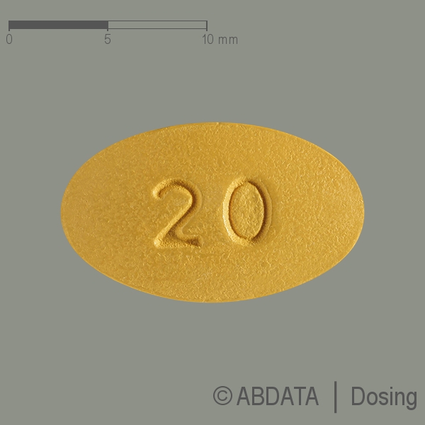 Produktabbildungen für TADALAFIL AbZ 20 mg Filmtabletten in der Vorder-, Hinter- und Seitenansicht.