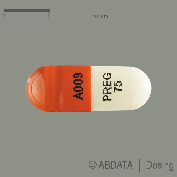 Produktabbildungen für PREGABALIN Ascend 75 mg Hartkapseln in der Vorder-, Hinter- und Seitenansicht.