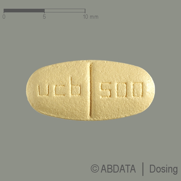Produktabbildungen für LEVETIRACETAM UCB 500 mg Filmtabletten in der Vorder-, Hinter- und Seitenansicht.