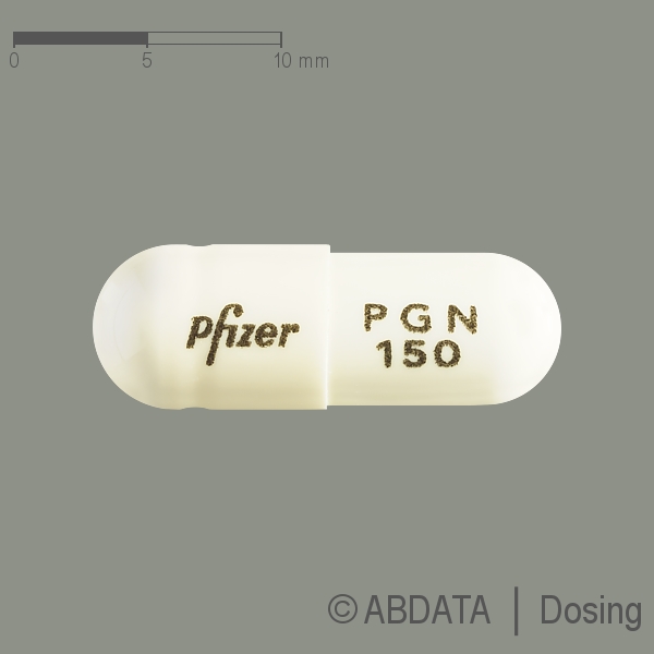 Produktabbildungen für PREGABALIN Pfizer 150 mg Hartkapseln in der Vorder-, Hinter- und Seitenansicht.