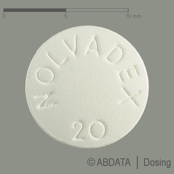 Produktabbildungen für NOLVADEX 20 mg Filmtabletten in der Vorder-, Hinter- und Seitenansicht.