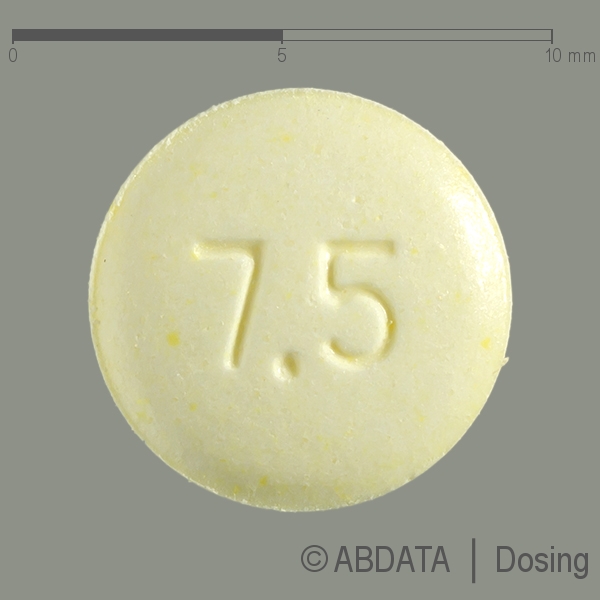 Produktabbildungen für OLANZAPIN AbZ 7,5 mg Tabletten in der Vorder-, Hinter- und Seitenansicht.