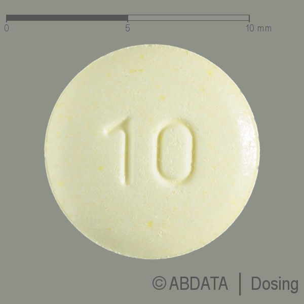 Produktabbildungen für OLANZAPIN-CT 10 mg Tabletten in der Vorder-, Hinter- und Seitenansicht.