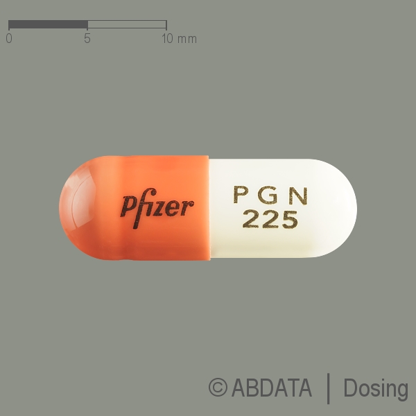 Produktabbildungen für PREGABALIN Pfizer 225 mg Hartkapseln in der Vorder-, Hinter- und Seitenansicht.