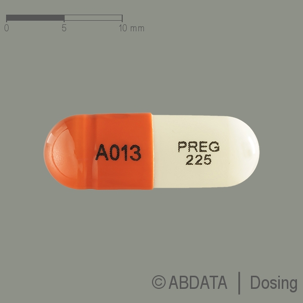Produktabbildungen für PREGABALIN Ascend 225 mg Hartkapseln in der Vorder-, Hinter- und Seitenansicht.