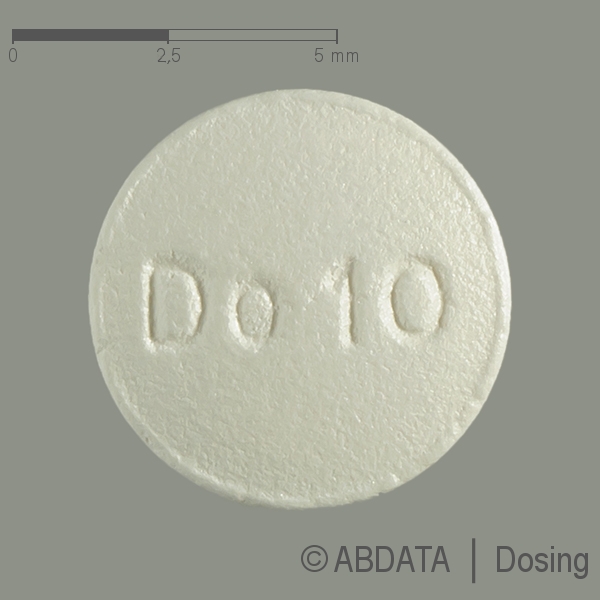 Produktabbildungen für DOMPERIDON AbZ 10 mg Filmtabletten in der Vorder-, Hinter- und Seitenansicht.