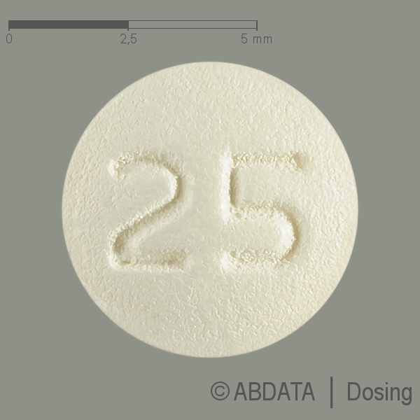 Produktabbildungen für ERLOTINIB Glenmark 25 mg Filmtabletten in der Vorder-, Hinter- und Seitenansicht.