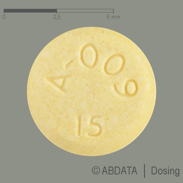 Produktabbildungen für ABILIFY 15 mg Tabletten in der Vorder-, Hinter- und Seitenansicht.
