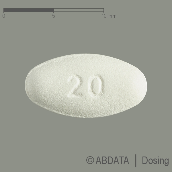 Produktabbildungen für ATORVASTATIN AbZ 20 mg Filmtabletten in der Vorder-, Hinter- und Seitenansicht.