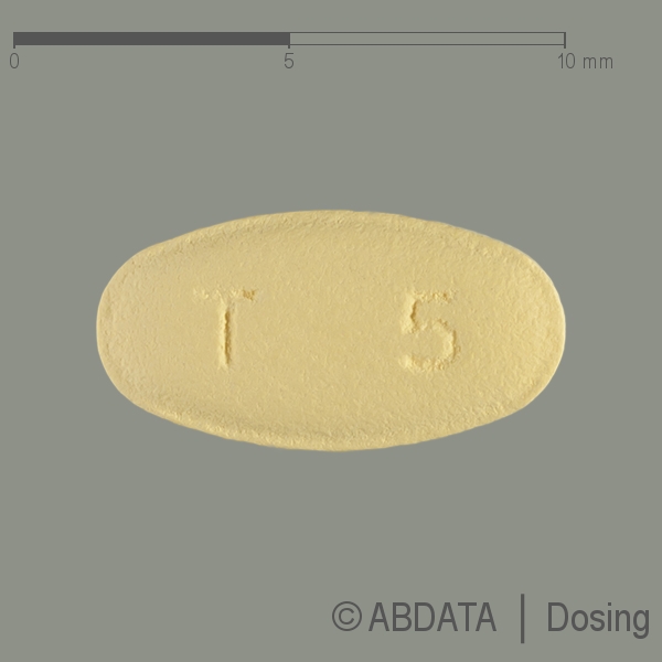 Produktabbildungen für TADALAFIL Hennig 5 mg Filmtabletten in der Vorder-, Hinter- und Seitenansicht.