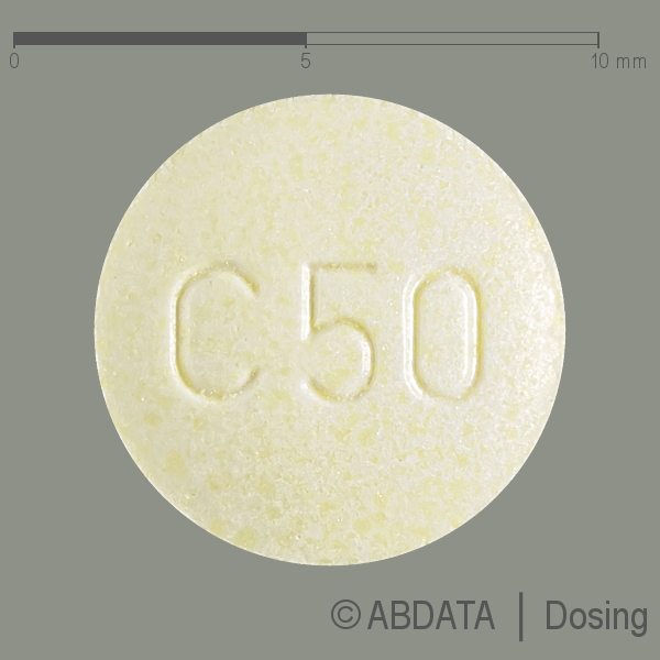 Produktabbildungen für CLOZAPIN 50-1A Pharma Tabletten in der Vorder-, Hinter- und Seitenansicht.