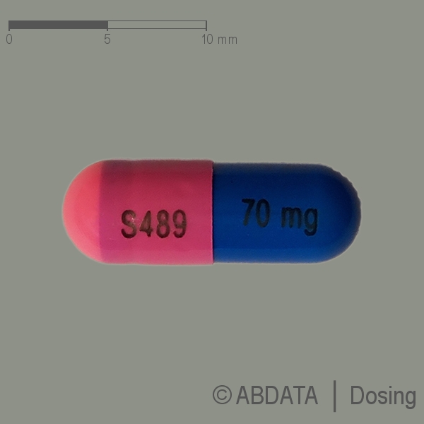Produktabbildungen für ELVANSE 70 mg Hartkapseln in der Vorder-, Hinter- und Seitenansicht.
